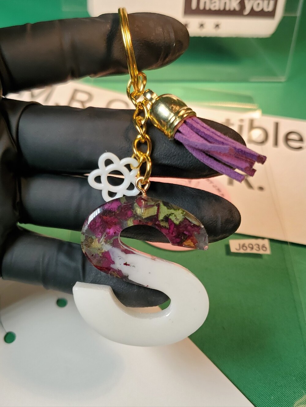 Handmade Resin "S" Initial Keychain - Real Preserved Rose Petals
